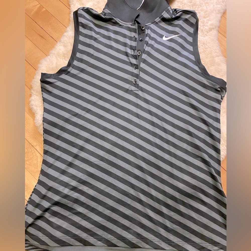 Nike Women's Sleeveless Button-Down Polo - Black and Gray Stripes